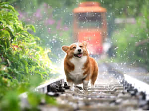 一隻快樂的哥基在雨中奔跑在濕漉漉的火車軌道上，周圍有綠色植物。