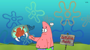Patrick Star 喺一個寫住 Jellyfish Fields 嘅標誌附近，拎住一個裝滿水母嘅網。