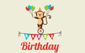 Happy Birthday 橫幅，上面有一隻卡通猴子在獨輪車上玩雜耍氣球。