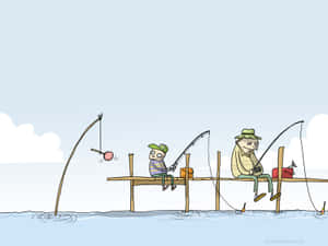 兩個卡通漁夫在平靜的日子裡從木碼頭釣魚。 — 搞笑 壁紙
