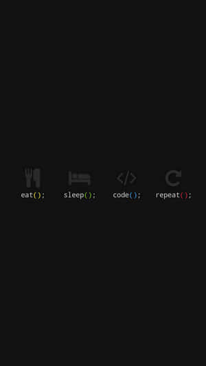 開發者生命週期圖標：黑色背景上的 eat sleep code repeat。
