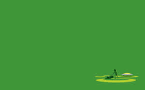 火柴人在綠色田野上，在飛碟旁邊割草。 — Alienware GIF 壁紙