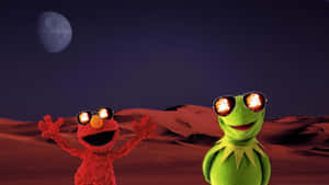 Elmo 和 Kermit 戴太陽眼鏡站在紅色沙漠，天空有死星