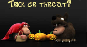 卡通羊和狼與南瓜燈，下方有'Trick or Threat?'字樣。 — 恐怖萬聖節 壁紙