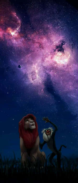 辛巴和拉飛奇仰望色彩繽紛的星空，其中有發光的星雲。