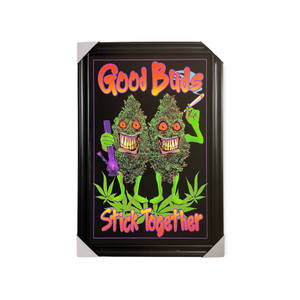 裱框海報，兩個微笑的卡通大麻花蕾手持吸煙工具和文字。
