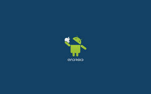 綠色Android機械人在藍色背景上手持Apple標誌