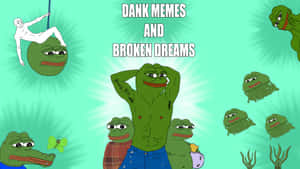 綠色卡通青蛙舉起雙臂，周圍漂浮著 Pepe the Frog 迷因，背景為青綠色。