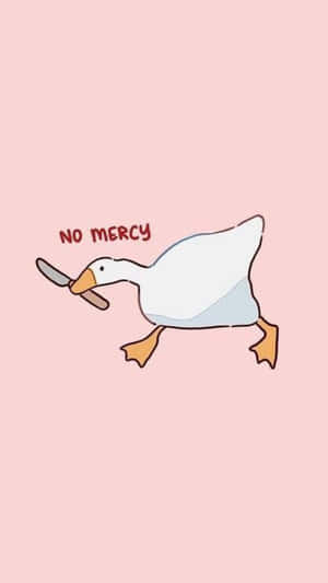 一隻卡通鴨子嘴裡叼著刀奔跑，並帶有 no mercy 文字。