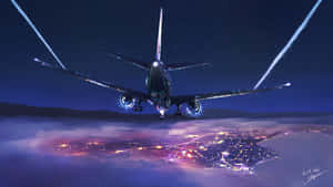 未來風格飛機在夜晚飛過發光城市，星空背景。