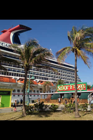 嘉年華郵輪停泊在 Señor Frog's 餐廳附近，有棕櫚樹和遊客。 — 2:3 壁紙