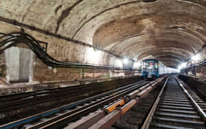藍色地鐵列車在黑暗的混凝土隧道中靠近，頂燈明亮。
