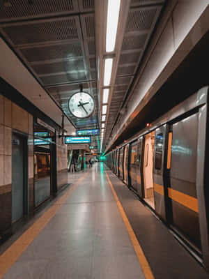 夜晚地鐵月台，列車停靠，頭頂時鐘可見。