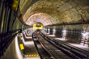 夜間，黃色列車在混凝土地鐵隧道中行駛。