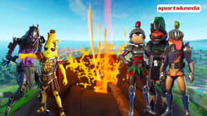 五個穿著盔甲的Fortnite角色站在火山上，背後有熔岩噴發。