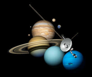 太空船在深空中探索色彩繽紛的氣體巨行星和帶環行星。