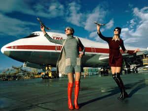兩位復古空中服務員在停機坪上，於TWA飛機前手持玩具飛機。
