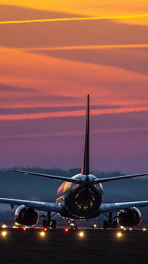 日落時分，飛機在跑道上，閃爍的燈光和色彩繽紛的天空。
