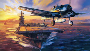 日落時分，一架戰鬥機從海洋上的航空母艦起飛。