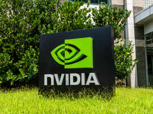 NVIDIA企業標誌，帶有綠色眼睛標誌，位於草地戶外環境