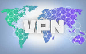 數位世界地圖，帶有六邊形網格和發光連接，位於VPN文字後面。