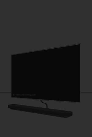 現代黑色電視機連同soundbar，在黑暗房間中顯示有關自發光像素的文字。