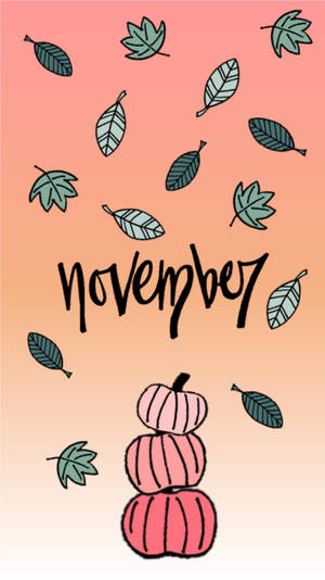 堆疊的粉紅色南瓜和飄落的葉子，在蜜桃漸變背景上帶有「november」字樣。