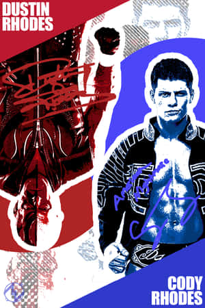 摔角手 Dustin Rhodes 和 Cody Rhodes 的分體海報，紅藍色簽名。