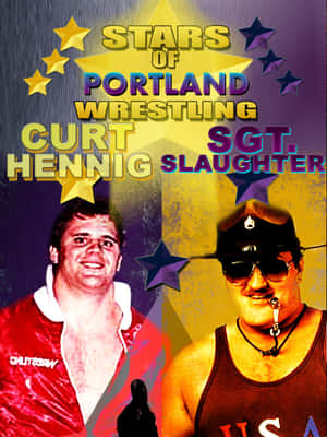 兩位男性摔角手 Curt Hennig 和 Sgt Slaughter 穿著復古摔角服裝，帶有粗體文字和星星。 — 摔角 GIF 壁紙