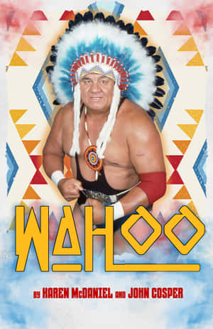 摔角手戴羽毛頭飾，背景為幾何圖案，帶有「Wahoo」文字。 — 插畫 壁紙