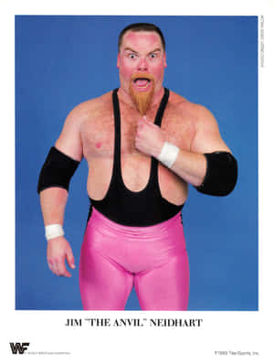 摔角手 Jim 'The Anvil' Neidhart 穿著粉紅色緊身褲和黑色背心，激烈地擺姿勢。 — 摔角 GIF 壁紙