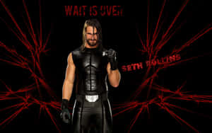 摔角手 Seth Rollins 身穿黑色皮革裝備，背後有紅色閃電和文字。