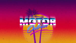 復古電子遊戲標題 MOTOR Outrun，帶有棕櫚樹和漸變日落背景。