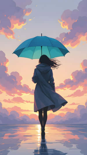 日落時分，女子撐傘在水中行走