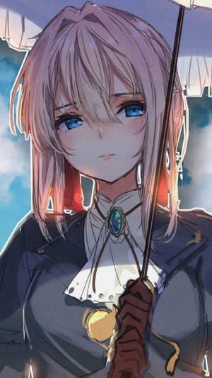 擁有薰衣草色頭髮和藍色眼睛的動漫女孩在陰天持劍。