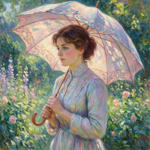 女性在陽光明媚的花園中手持陽傘與玫瑰 — Pixel Watch 壁紙