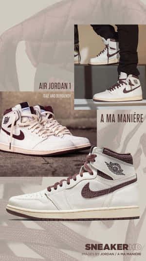 Sail 和酒紅色 Air Jordan 1 運動鞋的不同視角。