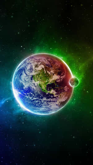 被星星和發光綠色星雲包圍的太空中的地球。
