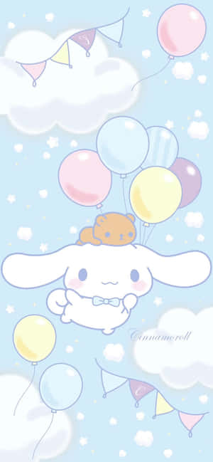 Cinnamoroll 在粉彩天空下與氣球、雲朵和彩旗一起漂浮。 — Redmi Note 壁紙