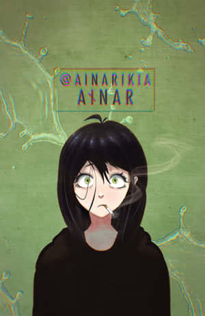 綠眼動漫女孩在綠色飛濺背景上抽煙。