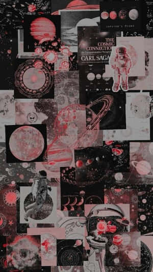 紅色和黑色的太空圖像拼貼畫，包括行星、太空人及卡爾·薩根的書本封面。