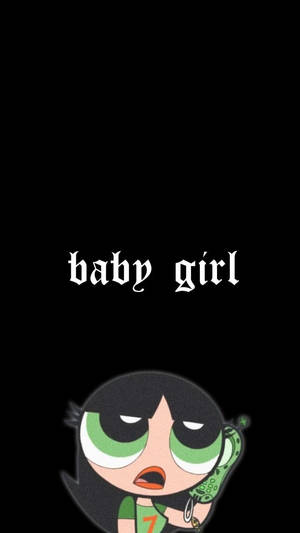 卡通女孩，綠色眼睛，黑色頭髮，帶著「baby girl」文字，看起來很惱火。