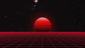 紅色網格地板延伸至星空夜空中落下的紅色太陽。