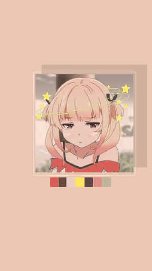 動漫女孩，桃色頭髮，紅色蝴蝶結，被發光的星星包圍。