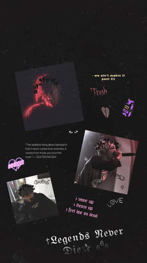 XXXTENTACION相片同語錄嘅拼貼，喺星光點點嘅黑色背景上，配以螢光粉紅文字。
