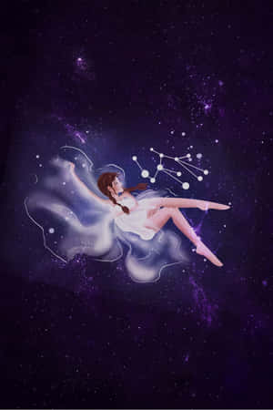 女性漂浮在星空紫色空間中，帶有發光星座