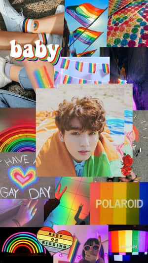 一幅色彩繽紛的拼貼畫，包含彩虹旗、橫幅和LGBTQ+驕傲象徵。