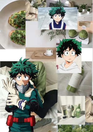 動漫角色綠谷出久 cosplay 裝扮，在舒適的房間裡享用牛油果多士和綠色紙杯蛋糕。
