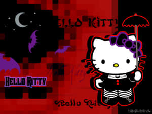 Hello Kitty 裝扮成吸血鬼，在詭異的像素藝術場景中撐著傘。