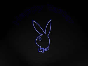 霓虹藍色兔子戴著蝴蝶結，深色背景上寫有Happy Easter文字。